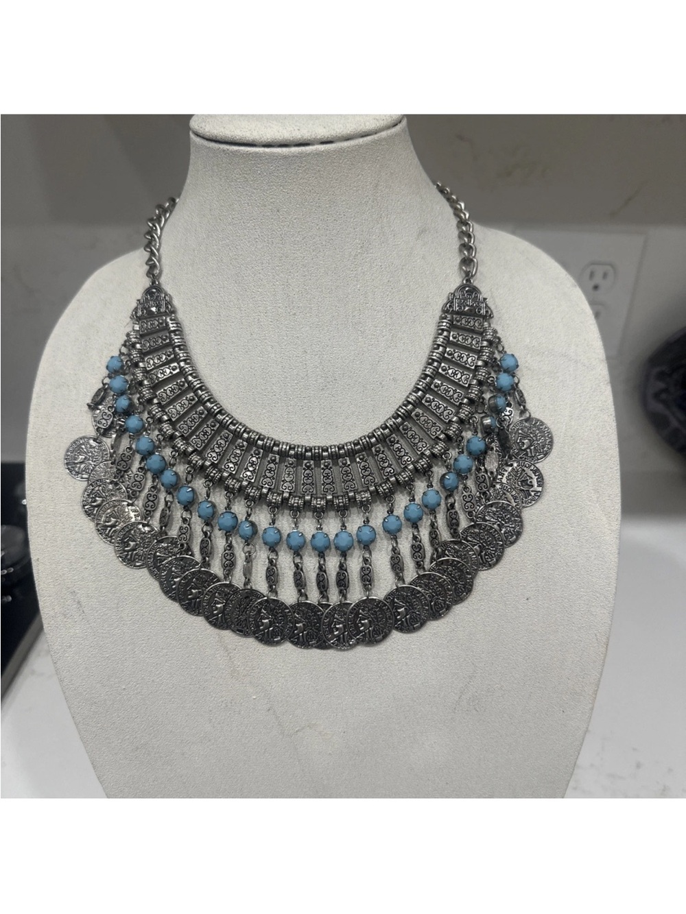 Bohemian Silver-Tone Coin Collar Necklace with Light Blue Beads